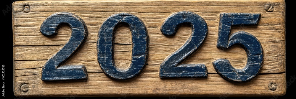 The image features a wooden plaque with the year 2025 prominently carved and painted in dark blue, reflecting a combination of rustic and timeless design elements The image features a wooden plaque with the year 2025 prominently carved and painted in dark blue, reflecting a combination of rustic and timeless design elements