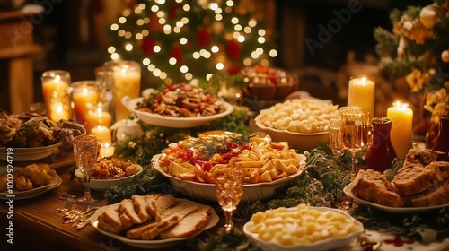 A lavish spread of traditional Epiphany dishes adorns a festively decorated table