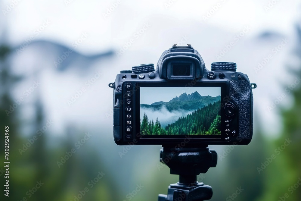 A camera with an open display screen, displaying the landscape of mountains and forests in a misty weather. The background is blurred and there is a tripod holding up the camera. A camera with an open display screen, displaying the landscape of mountains and forests in a misty weather. The background is blurred and there is a tripod holding up the camera.