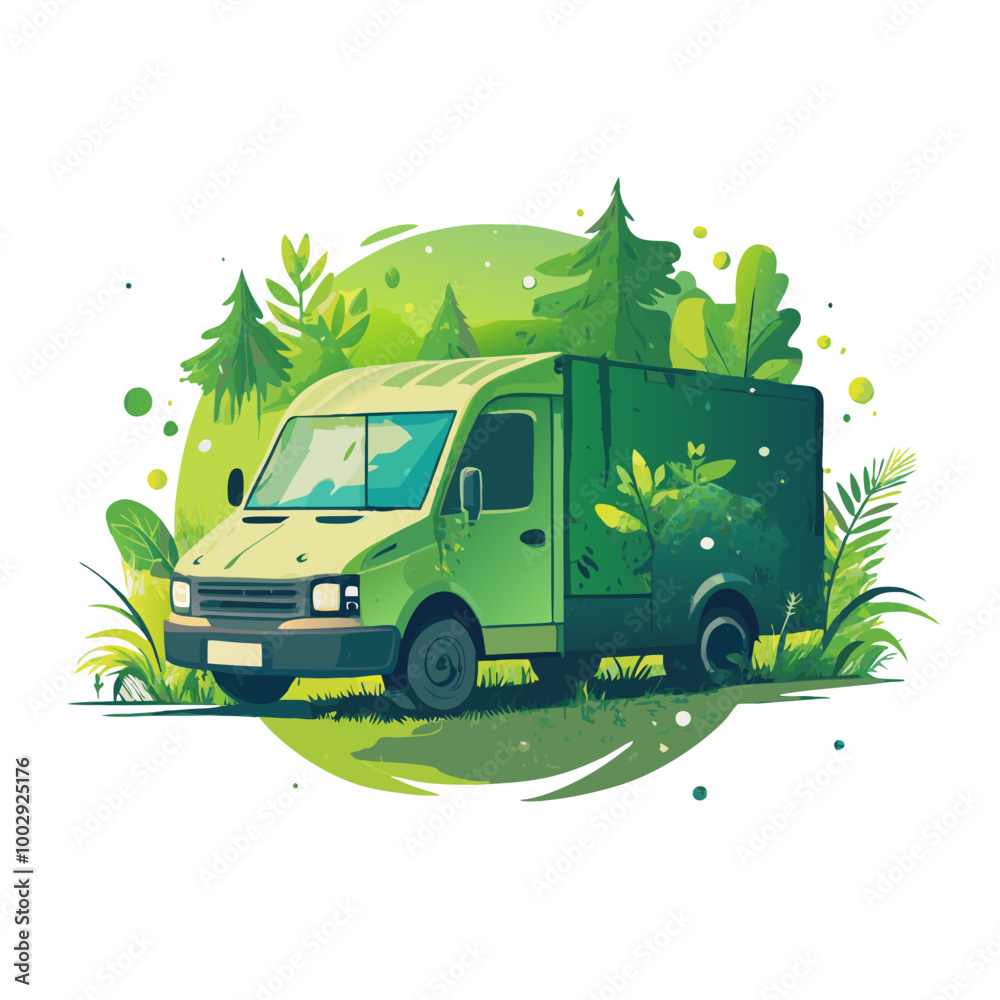 Obraz premium Green delivery van surrounded by nature and trees illustration