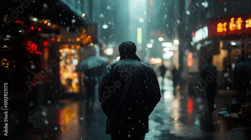 Solitary Figure Walking in the Rain on a Busy City Street