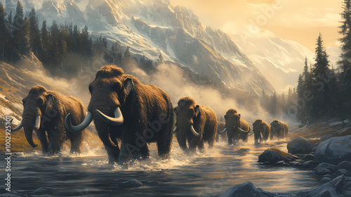 A herd of mammoths crossing a river during the pleistocene period. Tundra Landscape. Illustration