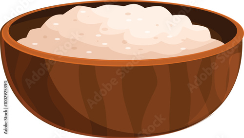 Wooden bowl overflowing with delicious rice pudding, a classic comfort food dessert