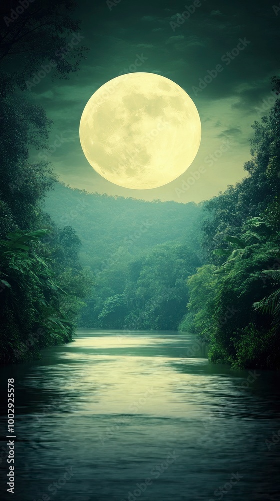 Fototapeta premium A full moon shines brightly in the night sky, casting its gentle glow upon an ancient river flowing through lush greenery.