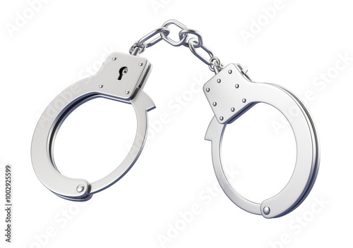 Foto Silver handcuffs connected by a short chain, isolated on a clean white background