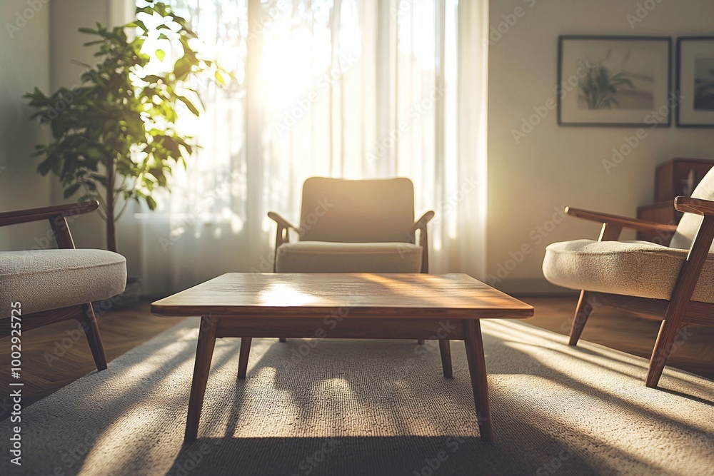 Fototapeta premium A photo of a well-lit housing living room. A photo of a mid-century modern interior with a table and an armchair. Generative AI 