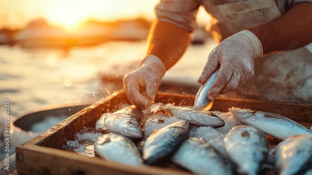 In the golden light of sunset, a fisherman diligently cleans fresh fish on a bed of ice by the shore, highlighting the simplicity and artistry of this daily task.