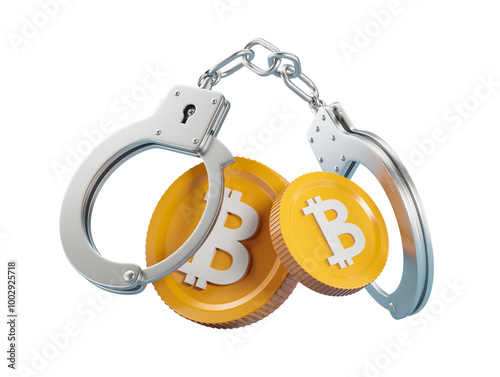 Handcuffs securing Bitcoin coins on an isolated white background. Concept of cryptocurrency security and regulation. 3D Rendering photo