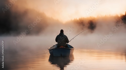 A solitary figure fishes peacefully in a small boat on a misty lake at dawn, surrounded by the serene beauty and quietude of nature as the morning fog slowly lifts.