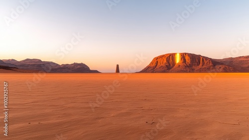 A breathtaking landscape featuring a solitary rock formation set against majestic cliffs during sunset in a serene desert.