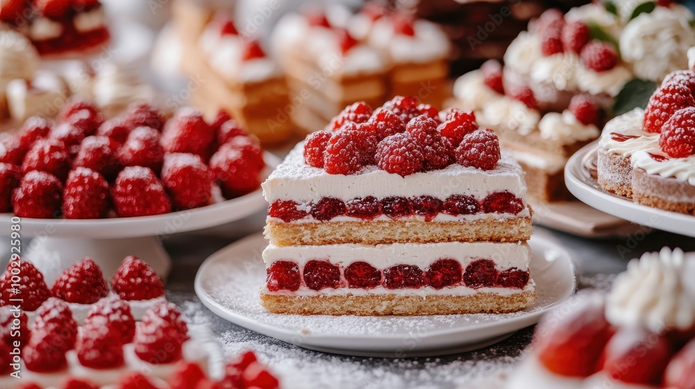 A delicious slice of raspberry cake with layers of cream and topped with fresh berries, surrounded by other desserts on display, perfect for sweet enthusiasts. A delicious slice of raspberry cake with layers of cream and topped with fresh berries, surrounded by other desserts on display, perfect for sweet enthusiasts.