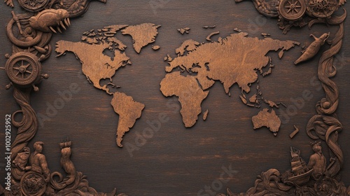 A vintage world map surrounded by nautical tools like compasses, ships, and sea monsters. The background is dark wood with aged textures photo