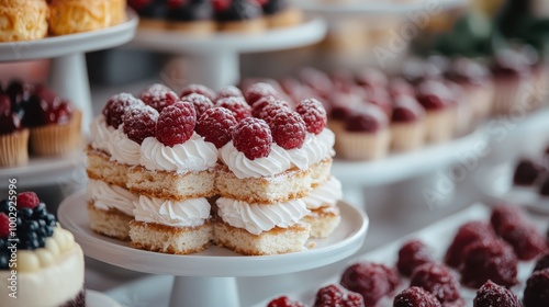 An array of desserts beautifully topped with fluffy cream and ripe raspberries, showcasing the artistry of patisserie. The colorful display is both delightful and appetizing.