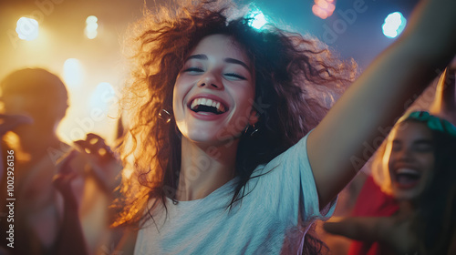 una chica mujer joven feliz y sonriente disfrutando y bailando en un concierto o festival en una discoteca emocionada y celebrando la buena musica