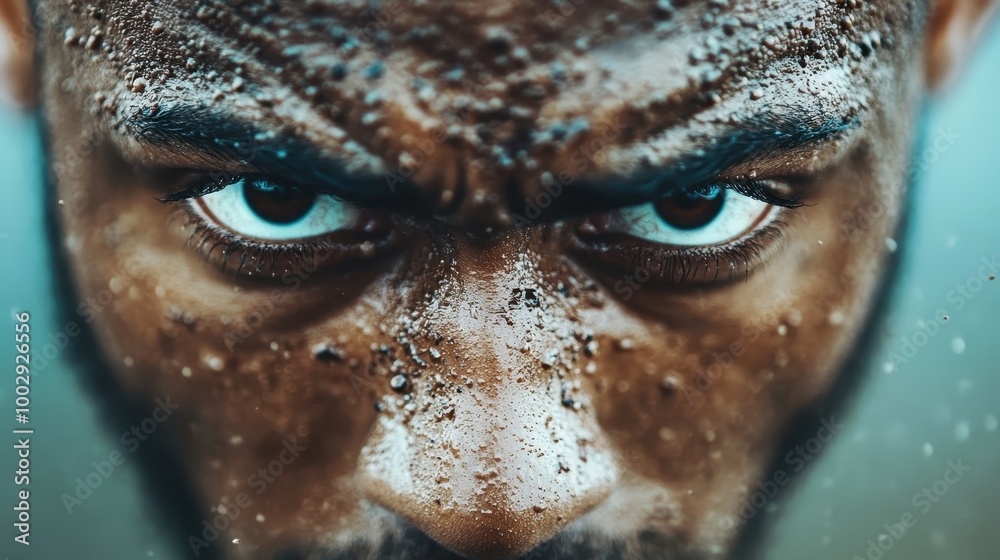 A close-up of a sweat-covered face showcasing determination and focus, capturing the intense expression during a moment of exertion and concentration. A close-up of a sweat-covered face showcasing determination and focus, capturing the intense expression during a moment of exertion and concentration.