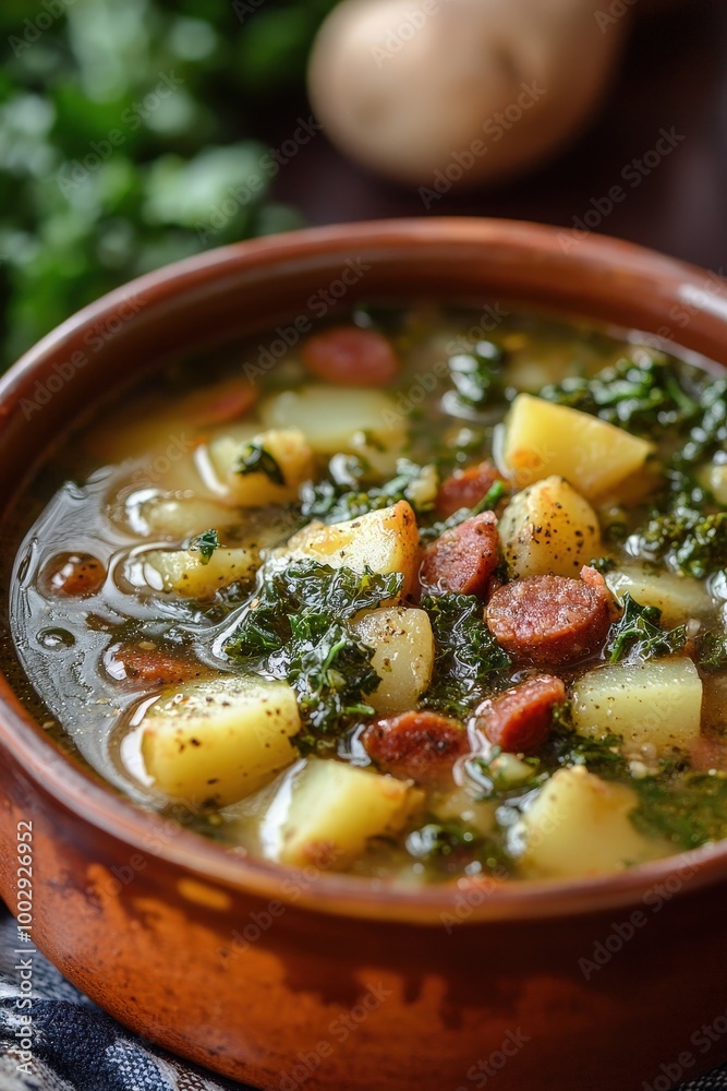 Caldo Verde: A traditional soup made from potatoes, kale, and chorizo. Caldo Verde: A traditional soup made from potatoes, kale, and chorizo.