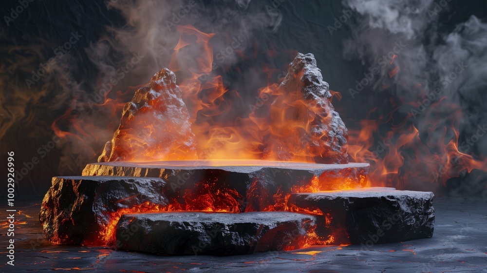A lava rock formation with a fire pit in the middle A lava rock formation with a fire pit in the middle