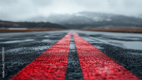 An expansive shot of a wet road stretching into the distance, marked by bold red lines that create a dramatic and adventurous perspective on a foggy day.