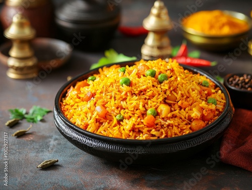 A vibrant bowl of flavorful rice with vegetables and spices on a rustic backdrop