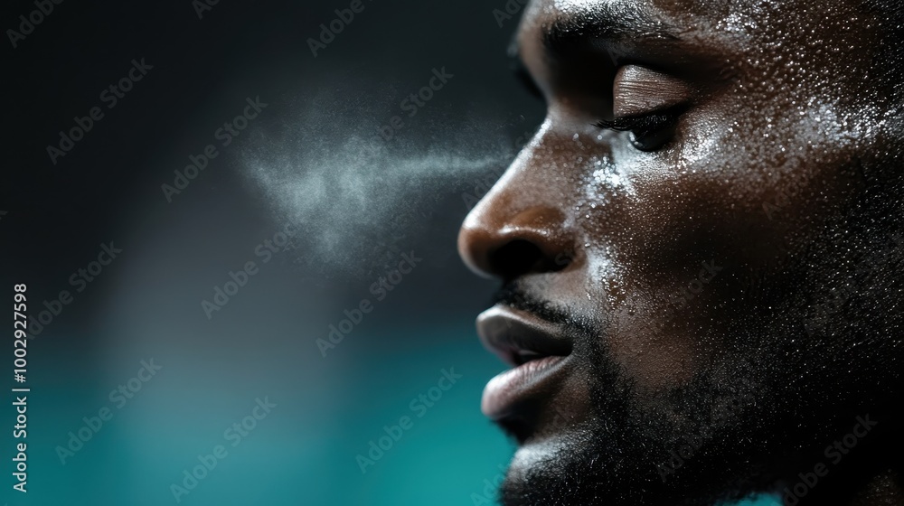 The close-up captures an athlete’s intense focus and exertion as he exhales, with a subtle mist forming from his breath, embodying dedication and sportsmanship.