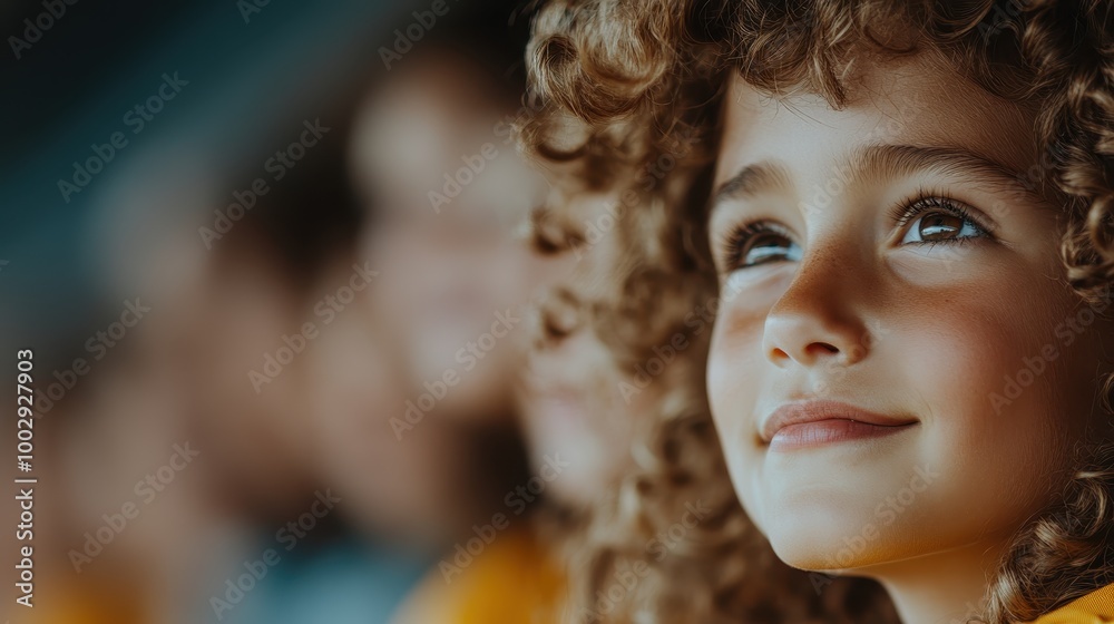 A child with curly hair smiles softly, gazing upwards in an innocent expression of wonder and curiosity, capturing the purity of youth and inspiration.