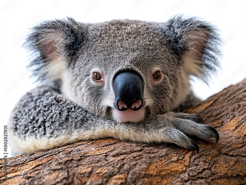Fototapeta premium Close up of koala bear sleeping on a tree branch isolated on white background