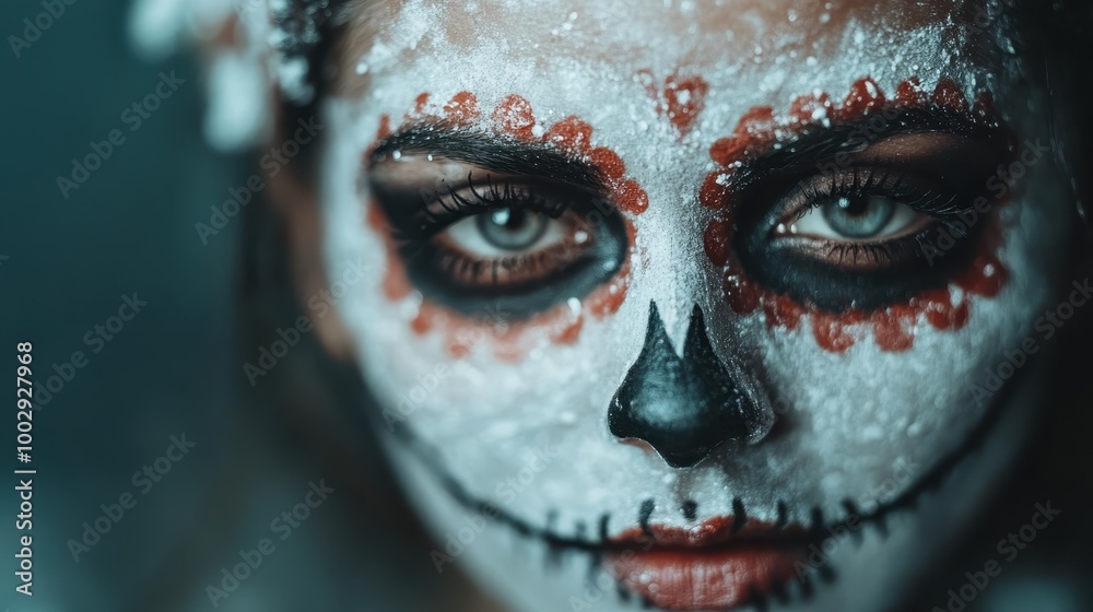 Fototapeta premium An individual wearing elaborate sugar skull makeup, featuring spectacular colors and patterns, symbolizing beauty, art, and cultural homage with a powerful gaze.