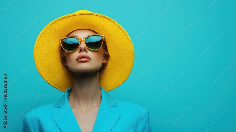 A stylish woman stands confidently against a turquoise background, wearing a bright yellow hat and matching sunglasses, showcasing modern fashion and self-expression. A stylish woman stands confidently against a turquoise background, wearing a bright yellow hat and matching sunglasses, showcasing modern fashion and self-expression.