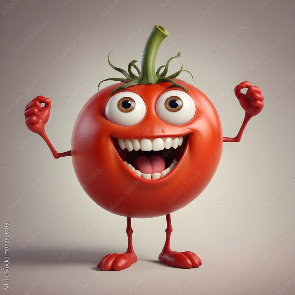 Fototapeta premium A red tomato terror with big eyes and a toothy grin, making a silly expression and gesturing with its arms