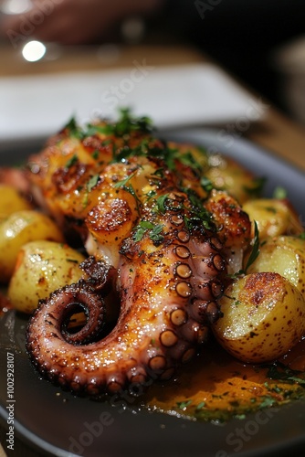 Polvo à Lagareiro: Roasted octopus with olive oil, garlic, and potatoes. photo