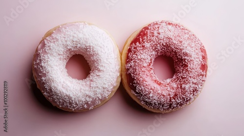 A pair of delicious-looking donuts with pink and white frosting, sprinkled with sugar, enticing the sweet tooth with a delectable visual treat of indulgence.