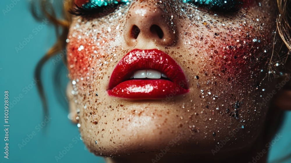 This image features a stunning close-up of a face covered in glitter with bold, dramatic makeup, capturing the essence of glamour and artistry in vivid colors.