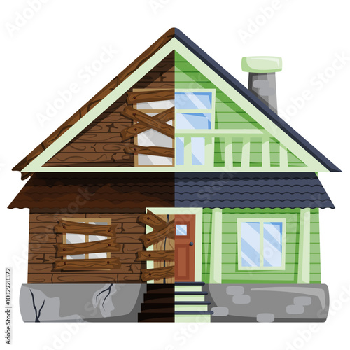 Renovation concept. Half of a house is depicted as old and worn, with boarded-up windows, cracked foundation, and decaying wood, while the other half is shown fully renovated with new siding, fresh