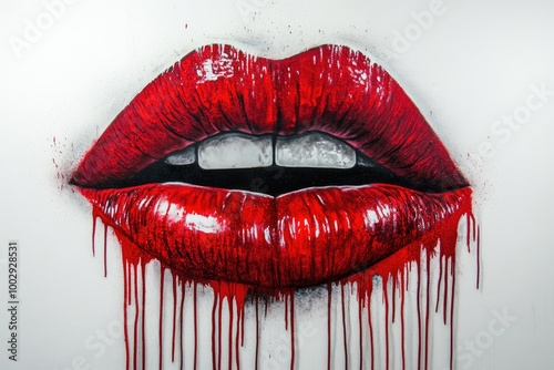 mouth with red lipstick for graffiti, art or graphic on white studio background