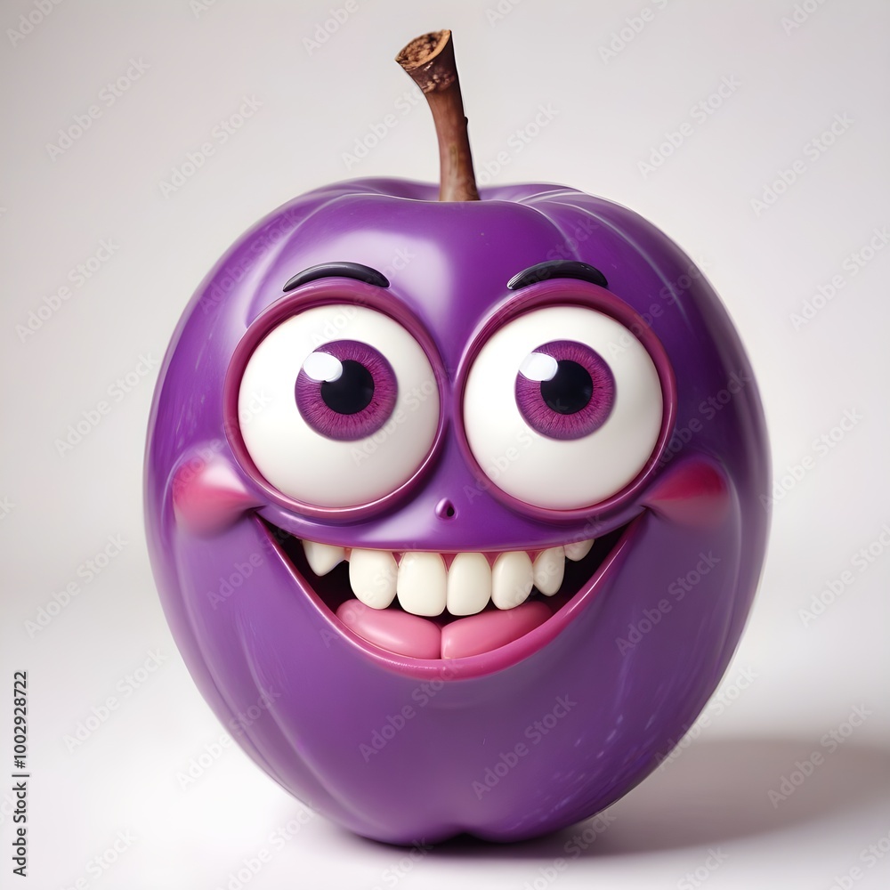 Naklejka premium A joyful, beaming purple plum character with large eyes and an exaggerated grin, against a plain white background