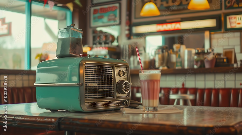 An outdated radio with milkshakes and a classic cafe in the distance An outdated radio with milkshakes and a classic cafe in the distance