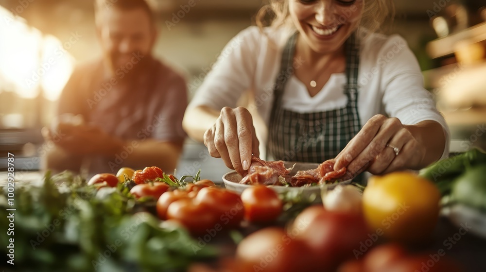 A woman joyfully arranges vibrant vegetables in a kitchen, capturing the colorful and healthy aspects of cooking with fresh produce, in a warmly lit home environment. A woman joyfully arranges vibrant vegetables in a kitchen, capturing the colorful and healthy aspects of cooking with fresh produce, in a warmly lit home environment.