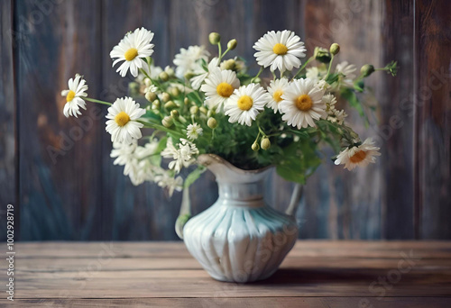 Wallpaper Mural Fresh daisies arranged in a rustic vase on a wooden table creating a charming floral centerpiece Torontodigital.ca