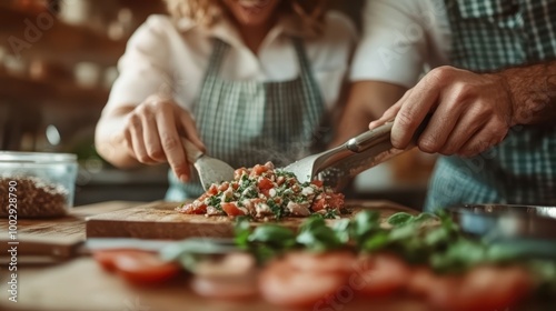 A couple prepares a meal in a warm kitchen, highlighting the intimate and collaborative moments of cooking together, surrounded by fresh vegetables and utensils.