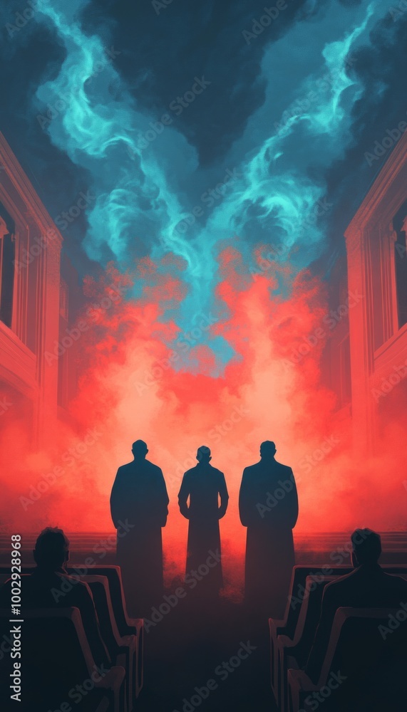 A dramatic scene with silhouetted figures against a vibrant, smoky background.