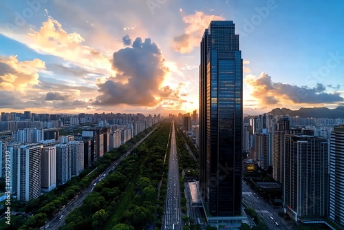 A high-rise view of an urban skyline, looking out over a sprawling city with endless rows of buildings reaching up toward the sky photo