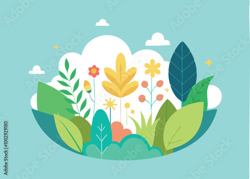 Vector illustration in trendy flat simple style - spring and summer background with copy space for text - landscape with plants, leaves, flowers  