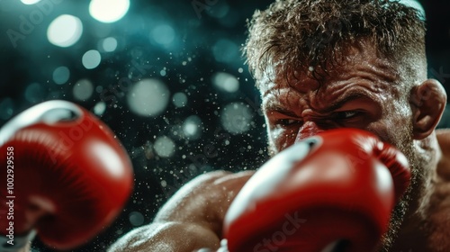 A close-up shot of a boxer with red gloves exhibits his determination, focus, and passion as he faces his opponent, captured with dynamic, modern artistry. photo