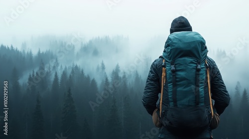 A solo hiker with a teal backpack overlooks a mist-covered forest, evoking a sense of solitude, introspection, and the haunting beauty of natural landscapes.
