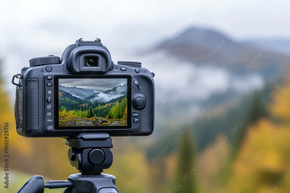 A camera with an open display screen, displaying the landscape of mountains and forests in a misty weather. The background is blurred and there is a tripod holding up the camera. A camera with an open display screen, displaying the landscape of mountains and forests in a misty weather. The background is blurred and there is a tripod holding up the camera.