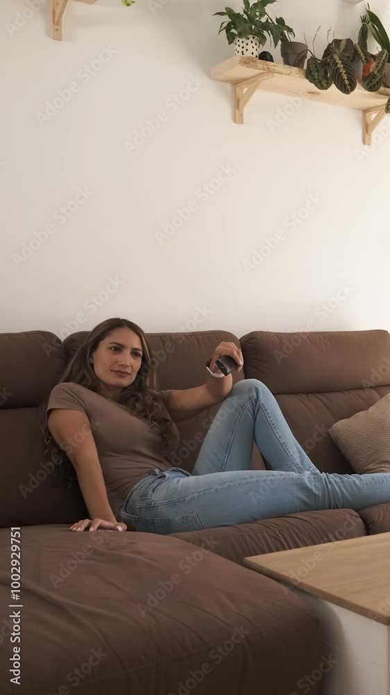 Woman enjoying in living room with TV remote in hand