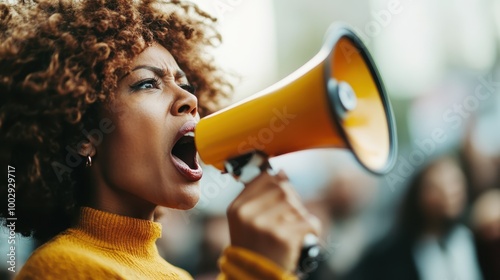 An expressive woman uses a bright yellow megaphone to project her voice in a dynamic and persuasive manner, embodying energy and a quest for change in public spaces.