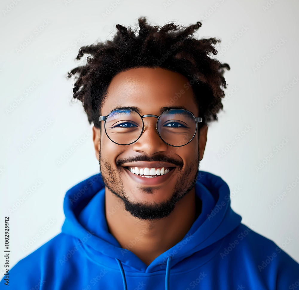 Headshot portrait of happy black man posing for camera. Black man smiling and wearing glasses and blue hoodie. Positive male posing in light background studio Headshot portrait of happy black man posing for camera. Black man smiling and wearing glasses and blue hoodie. Positive male posing in light background studio