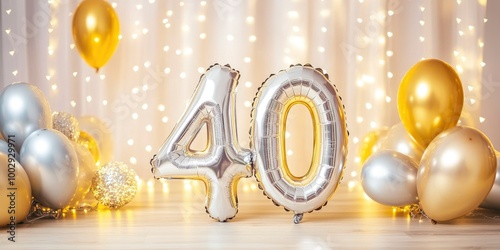 golden and silver balloons shaped like the number 40 for an anniversary celebration, surrounded by sparkling lights and decorations, creating a joyful atmosphere