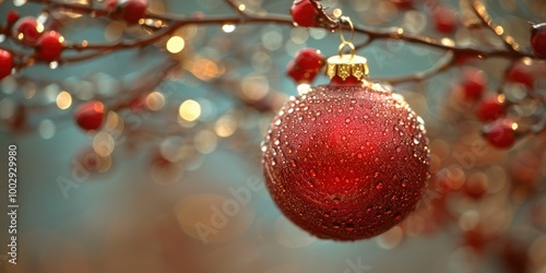 A close-up view of a shimmering red Christmas ornament adorned with delicate water droplets hanging from a branch with blurred festive lights in the background